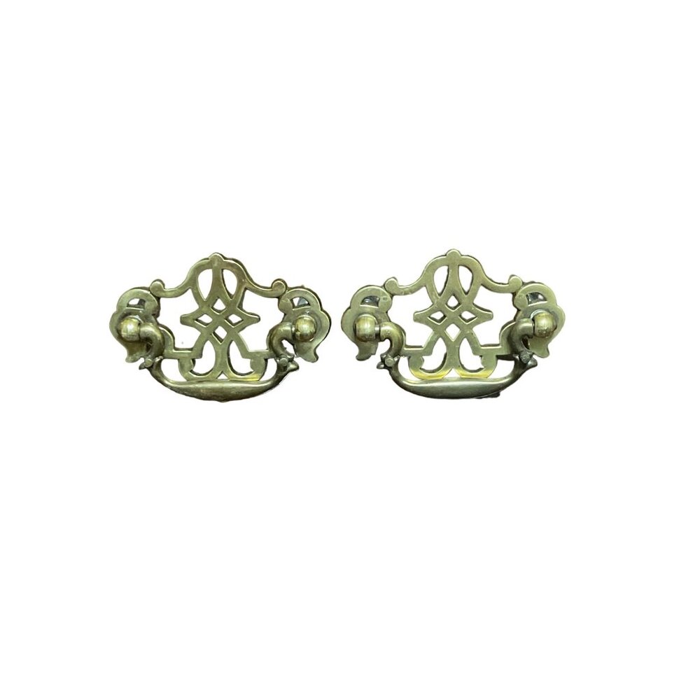 2 Antique Brass Drawer Pulls Queen Anne Intricate Design Screws 3.5" x 2.5"